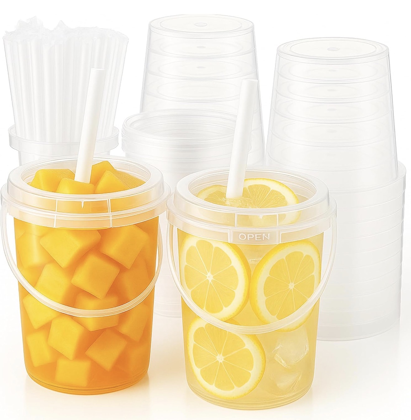 Clear bucket style cups with handles and fruit drinks