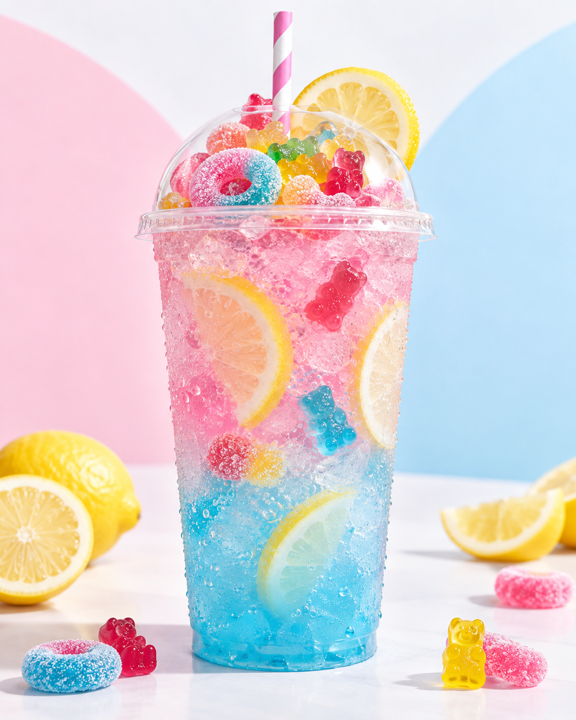Pink and blue iced lemonade with lemon slices and colorful candy